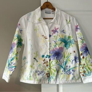 VTG Watercolor Floral Print White Cotton Twill/Sailcloth Jacket w Pockets